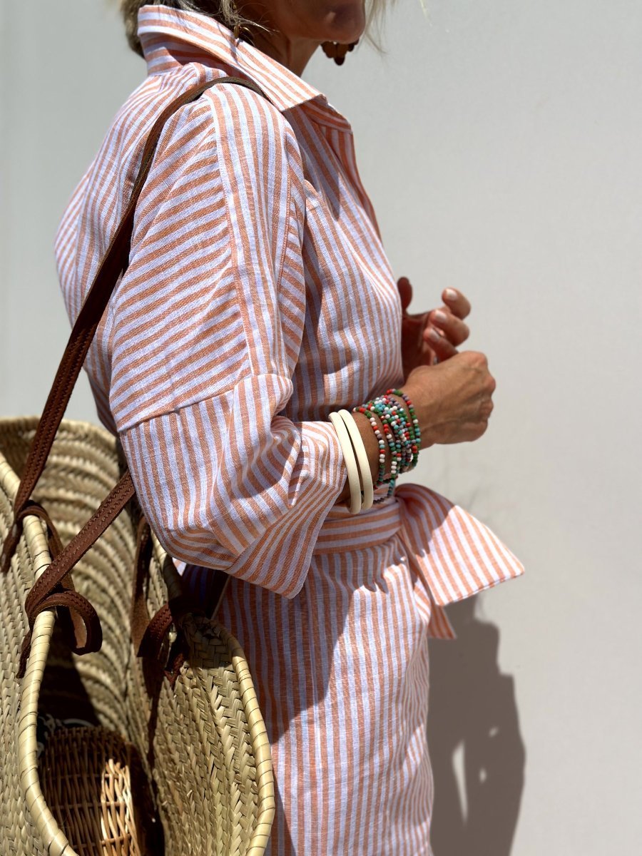 Vertical Stripe Long Sleeve Button Down Side Slit Midi Shirt Dress
