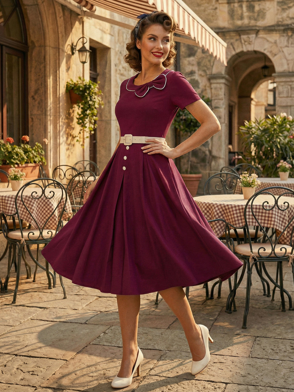Contrast Piping Bow Neck Button Decor Pleated A Line Swing Dress For Women 2026