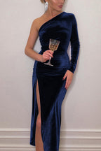 One Shoulder Single Sleeve Velvet Ruched High Slit Midi Dress