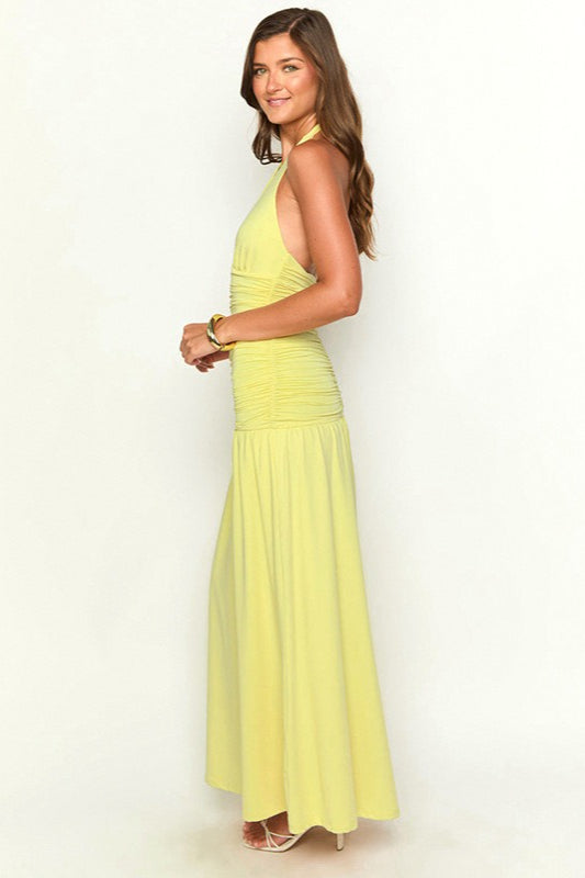 Halter Neck Deep V Ruched Bodice Flowing Maxi Dress