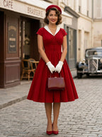 V Neck Contrast Lapel Ruched Retro A-line Swing Dress For Women 2026