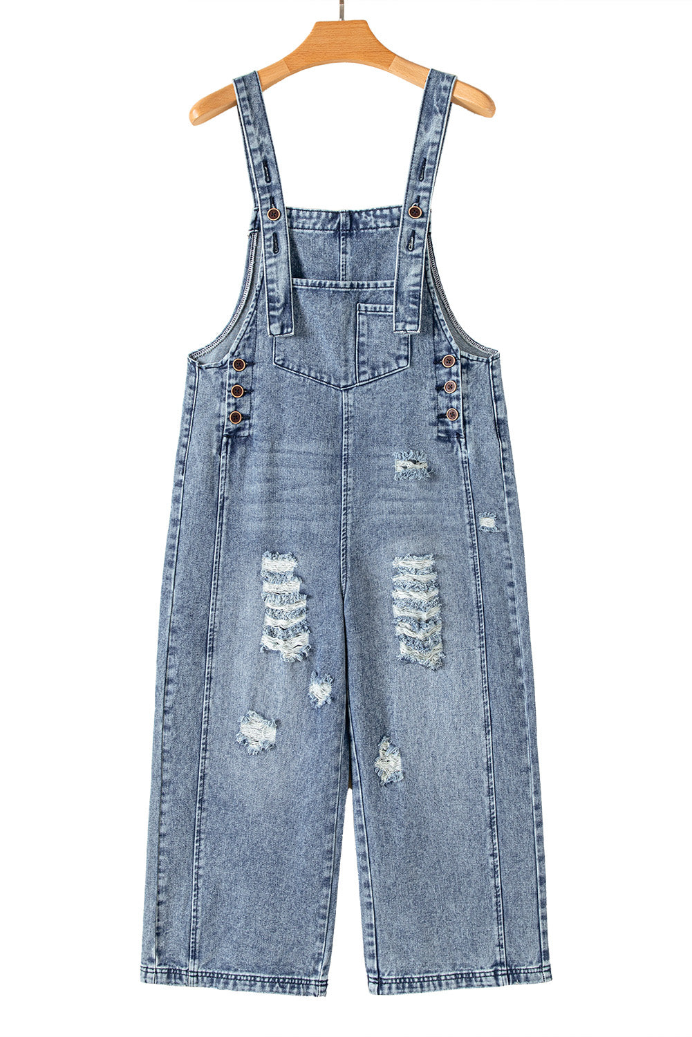 Blue Zone Planet | Stone Blue Distressed Bib Pocket Wide Leg Denim Overall