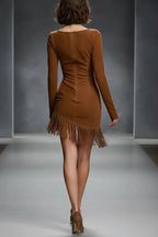Stylish Suede Round Neck Long Sleeve Slim Fit Tassel Mini Dress