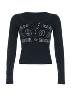 Number Letter Print Breasted Slim Long Sleeve Tee