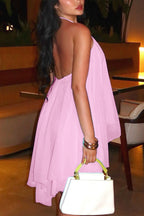 Chiffon Solid Color Halter Backless Irregular Mini Dress