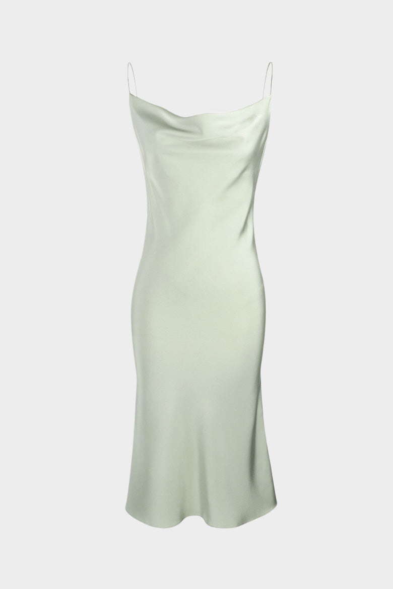 Cowl Neck Spaghetti Strap Satin Slip Midi Dress