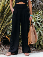 Khaki Linen Pants Wide Leg Elastic Waist Summer Trousers
