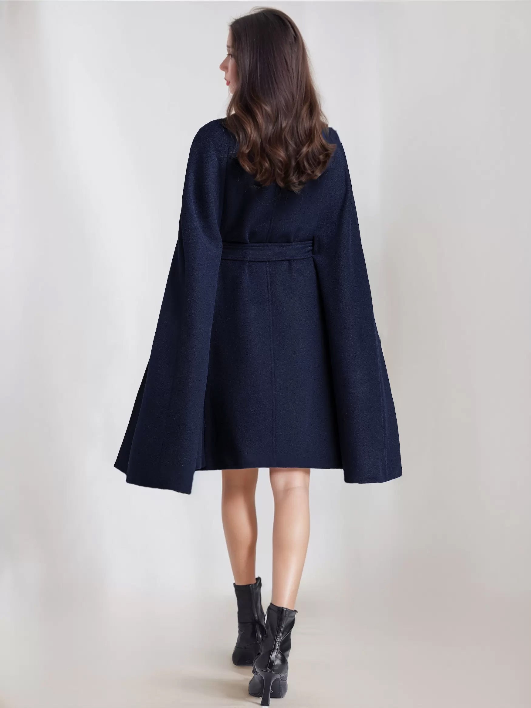 Wool Blend Cape Coat For Women Stand Collar Dark Navy Belted Oversized Poncho Outerwear 2026