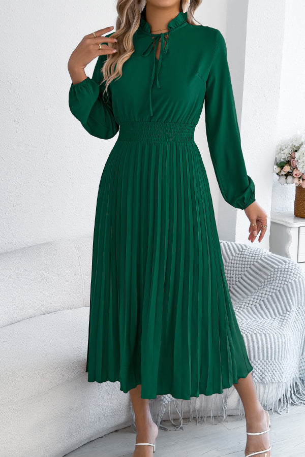 Solid Color Long-sleeved Fitted Waist Pleated Elegant Midi Dress