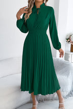 Solid Color Long-sleeved Fitted Waist Pleated Elegant Midi Dress
