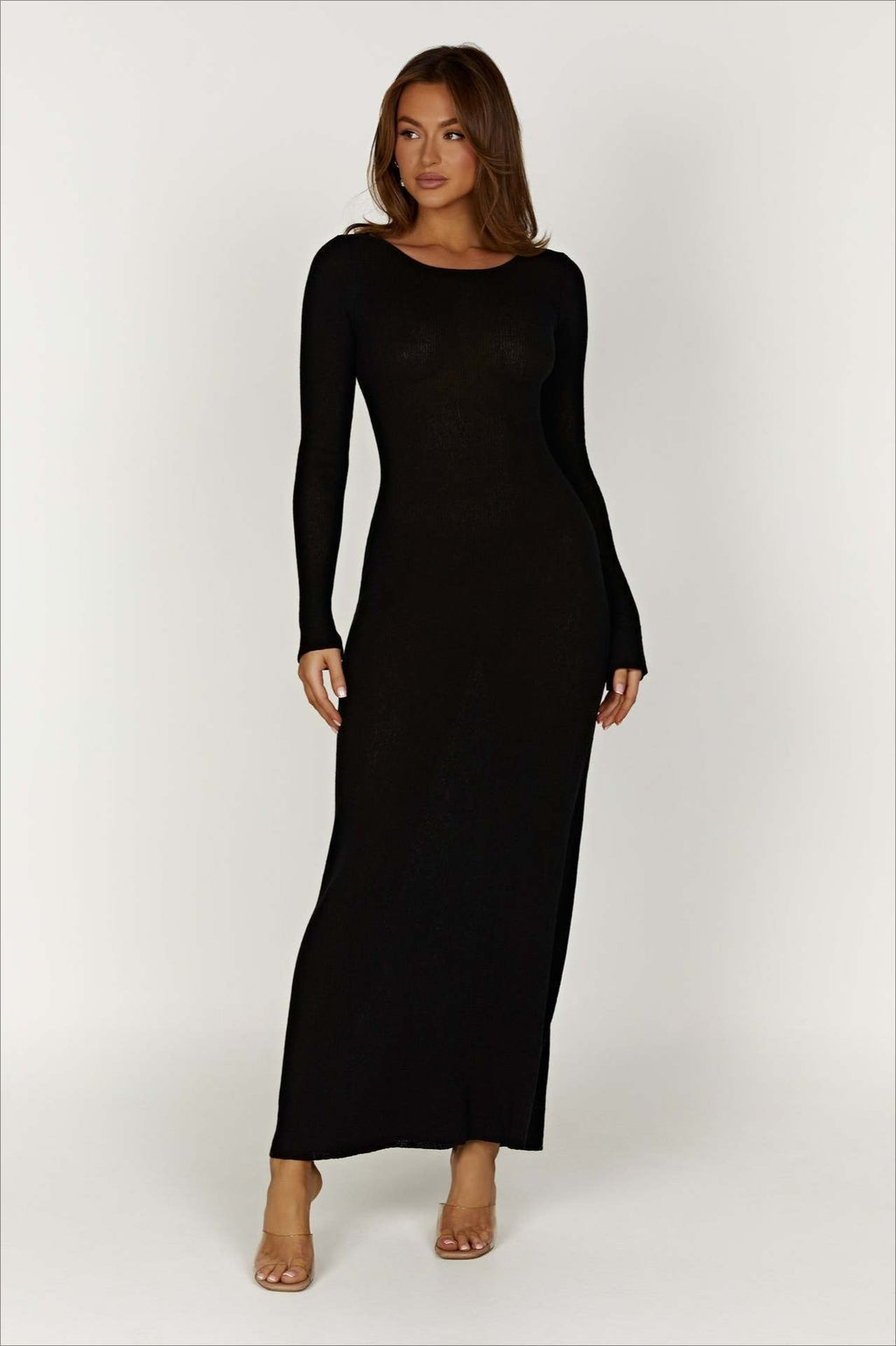 Ribbed Knit Long Sleeve Lace Up Open Back Bodycon Maxi Dress