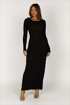 Ribbed Knit Long Sleeve Lace Up Open Back Bodycon Maxi Dress