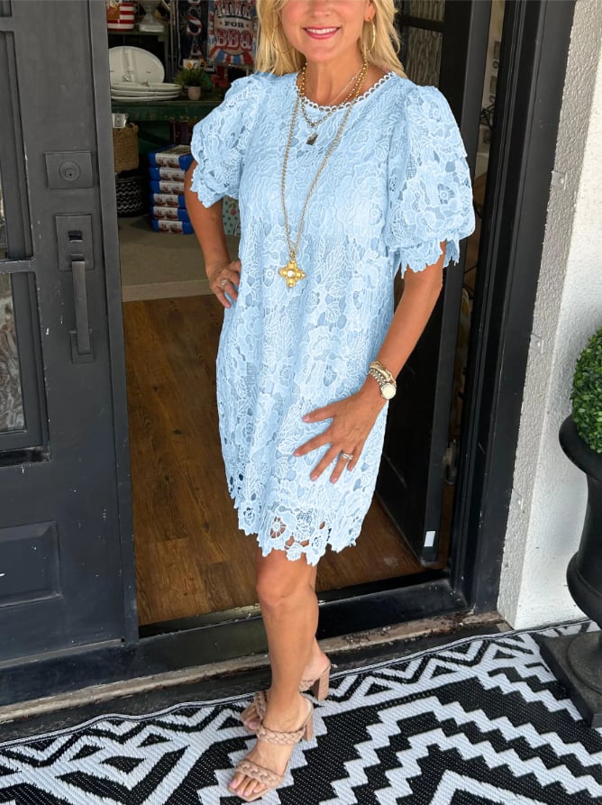 Floral Lace Scalloped Puff Sleeve Crew Neck Shift Mini Dress