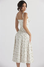 Floral Corset Sweetheart Spaghetti Strap Lace Trim A-Line Midi Dress