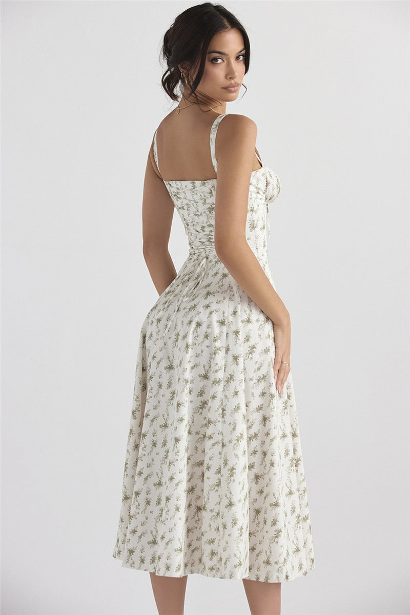 Floral Corset Sweetheart Spaghetti Strap Lace Trim A-Line Midi Dress