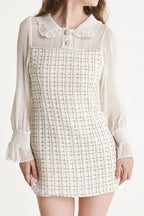 Mesh Yoke Peter Pan Collar Balloon Sleeve Tweed Pearl Trim Mini Dress