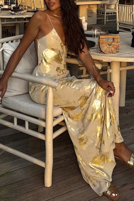 Marble Print Satin Slip Spaghetti Strap Deep V-Neck Maxi Dress