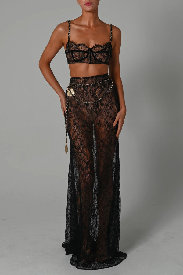 Stylish Lace Camisole Bra Top and Vacation See-through Maxi Fishtail Skirt Set