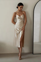 Ruched Satin Bodycon Spaghetti Strap Split V Neck Formal Dress