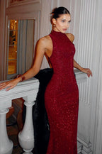 Sequin Halter Neck Mock Neck Mermaid Hem Maxi Dress