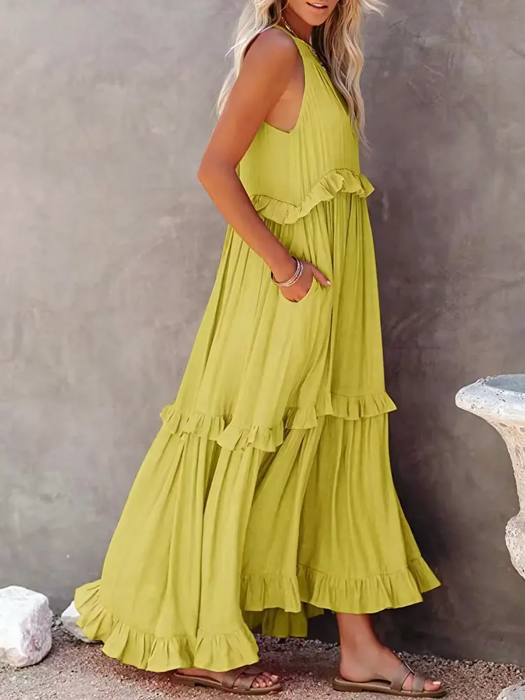 High Neck Smocked Halter Sleeveless Tiered Ruffle Maxi Dress
