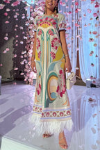 Jazlynn Satin Colorful Baroque Style Printed Short Sleeve Feather Trim Maxi Dress