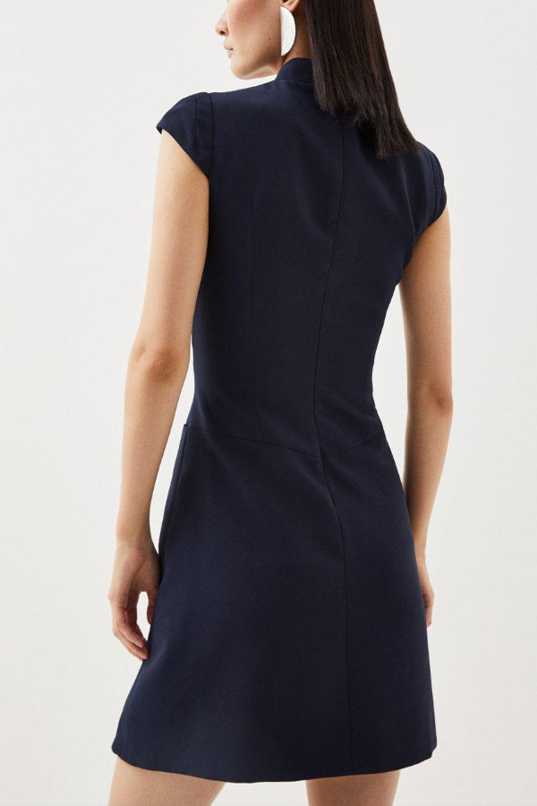 Ariana Chic Military Style Mini Dress with Cap Sleeves, Stand Up Collar and Patchwork Pleated Hem Silhouette Collection