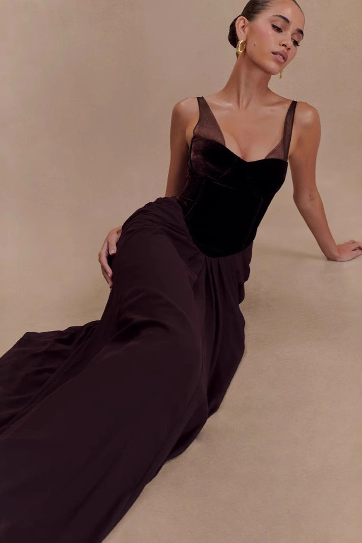 Mesh Panel Sweetheart Corset Basque Waist Draped Maxi Gown