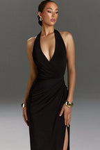 Halter Neck Wrap Ruched High Slit Maxi Dress