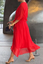 Deep V-Neck Flutter Sleeve Tie Waist Handkerchief Hem Midi Dress