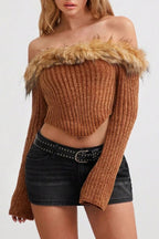 Off-the-Shoulder Fur Trim Slim Sweater