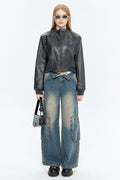 PU Leather Zip Up Bomber Jacket