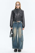 PU Leather Zip Up Bomber Jacket