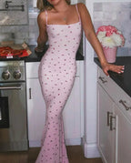 Ribbed Print Square Neck Spaghetti Strap Bodycon Maxi Dress