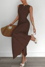 Solid Color Round Neck Sleeveless Elegant Pleated Casual Maxi Dress