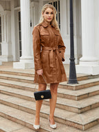Trench Coat PU Leather Turndown Collar Long Sleeves Fall Outerwear