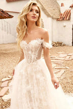 Off Shoulder Lace Applique Boned Wedding Dress