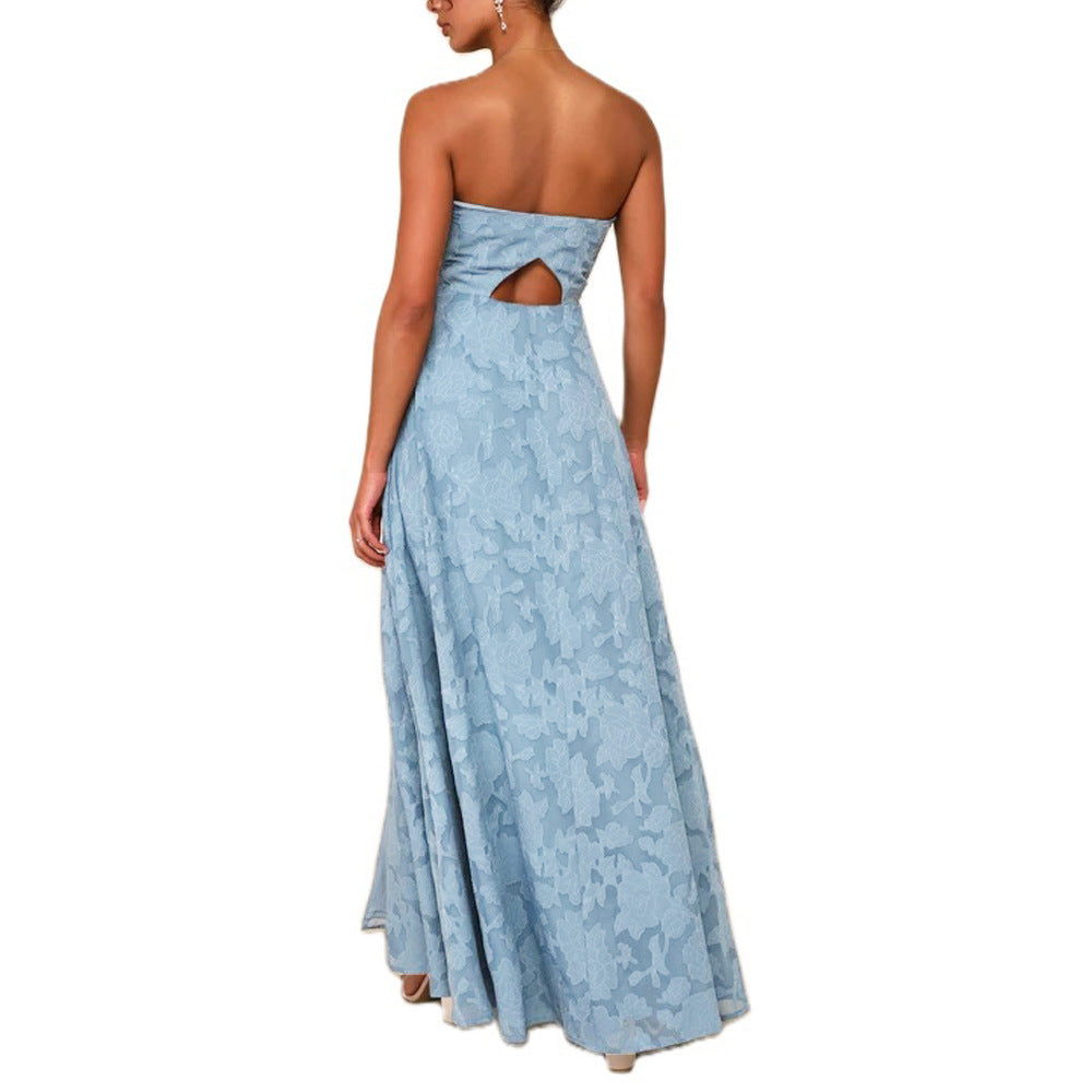 Embroidered Strapless Dress with Front Slit