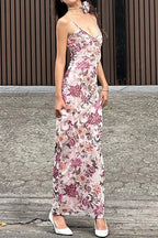 Floral Print Spaghetti Strap Deep V-Neck Slip Bodycon Maxi Dress