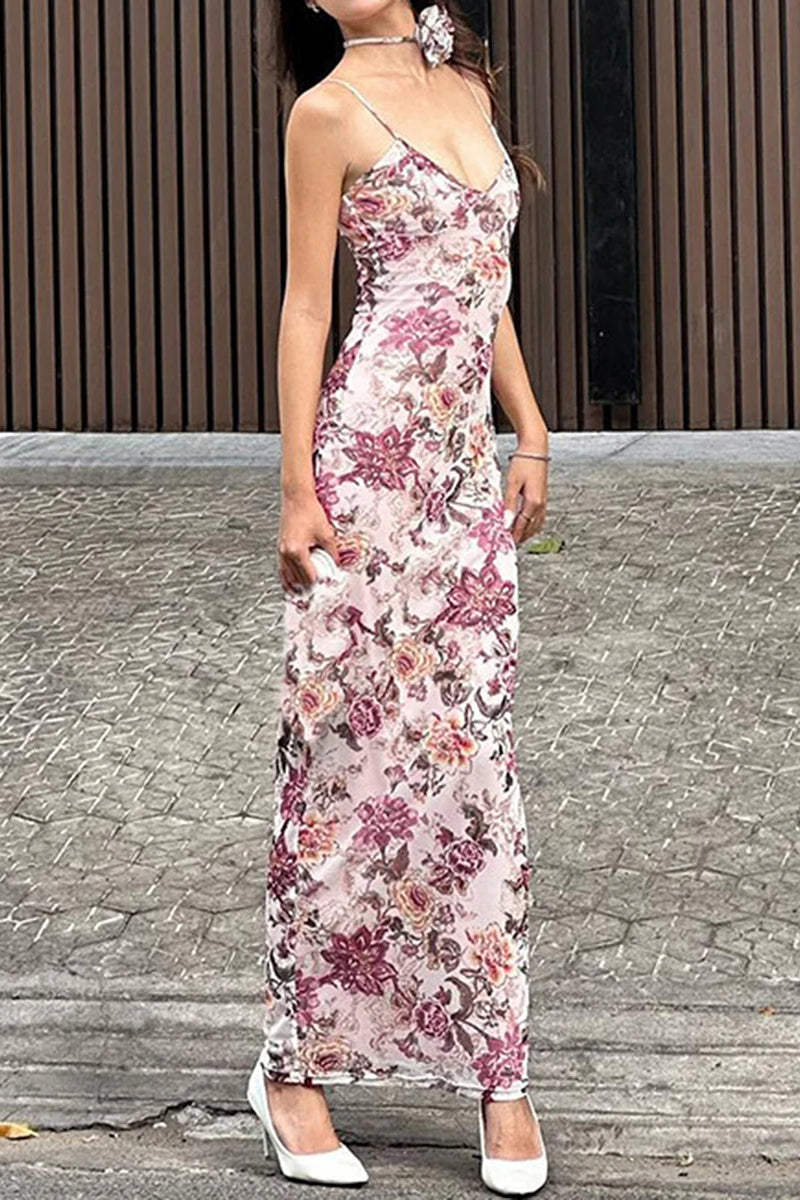 Floral Print Spaghetti Strap Deep V-Neck Slip Bodycon Maxi Dress