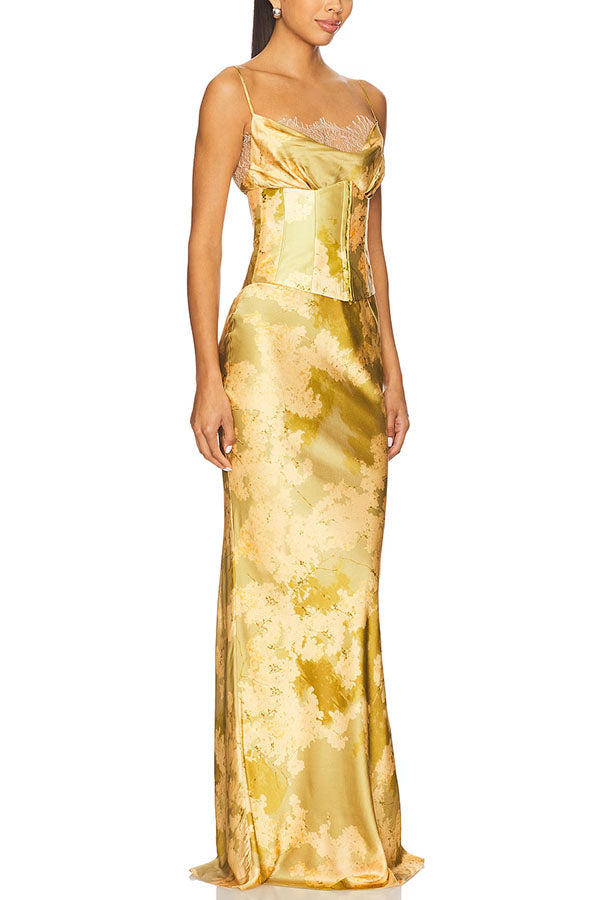 Cleodora Satin Floral Lace Cowl Neck Detachable Corset Slip Drape Maxi Dress