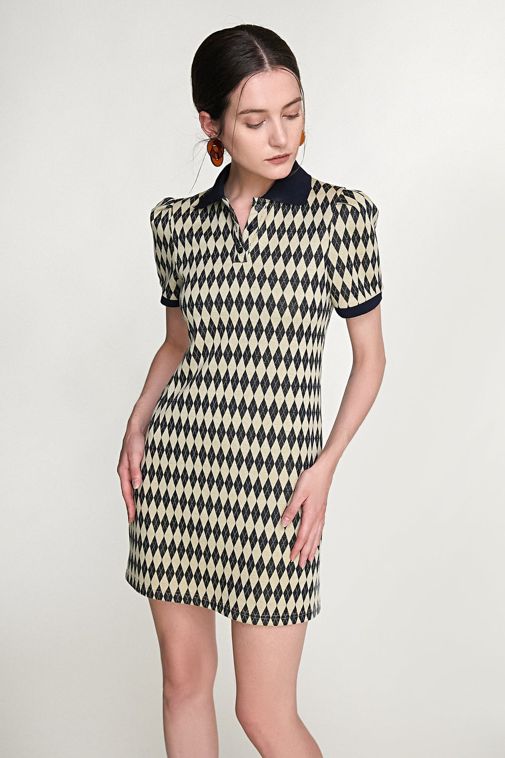 Diamond Argyle Knit Polo Collar Button Front Puff Sleeve Mini Dress