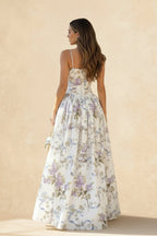 Strapless Corset Basque Waist Floral Print Ball Gown