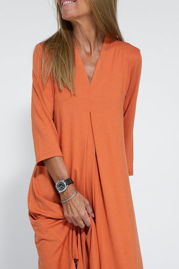 V-Neck Three Quarter Sleeve Relaxed Side Slit Maxi Dress