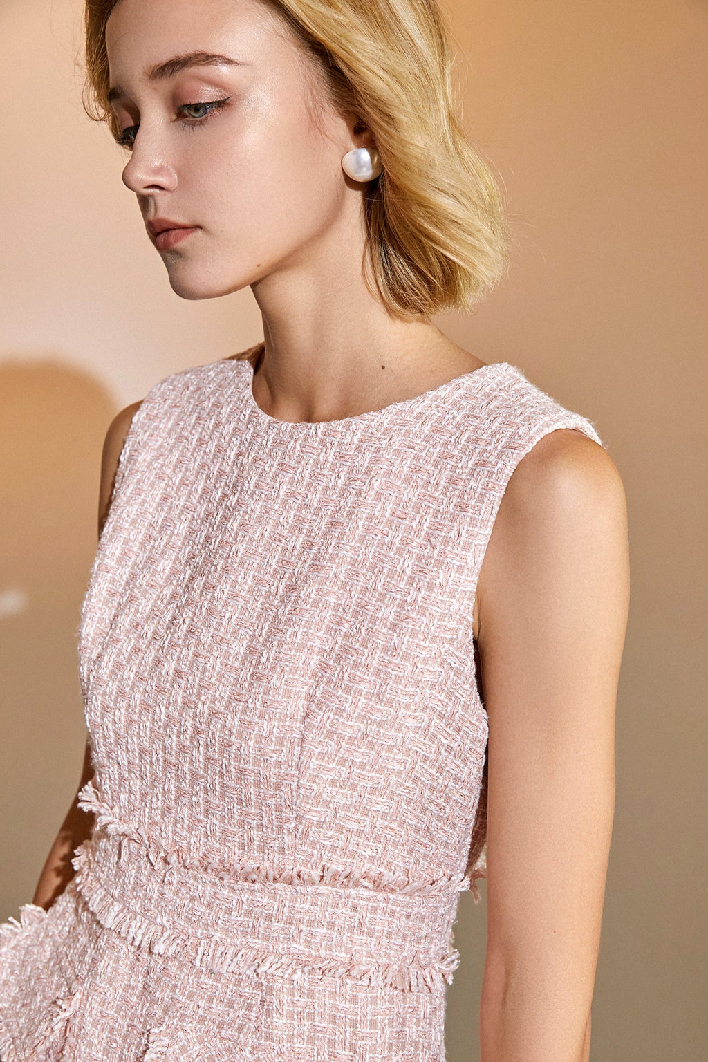 Crew Neck Fringed Waist Patch Pocket Tweed Boucle Mini Dress