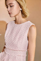 Crew Neck Fringed Waist Patch Pocket Tweed Boucle Mini Dress