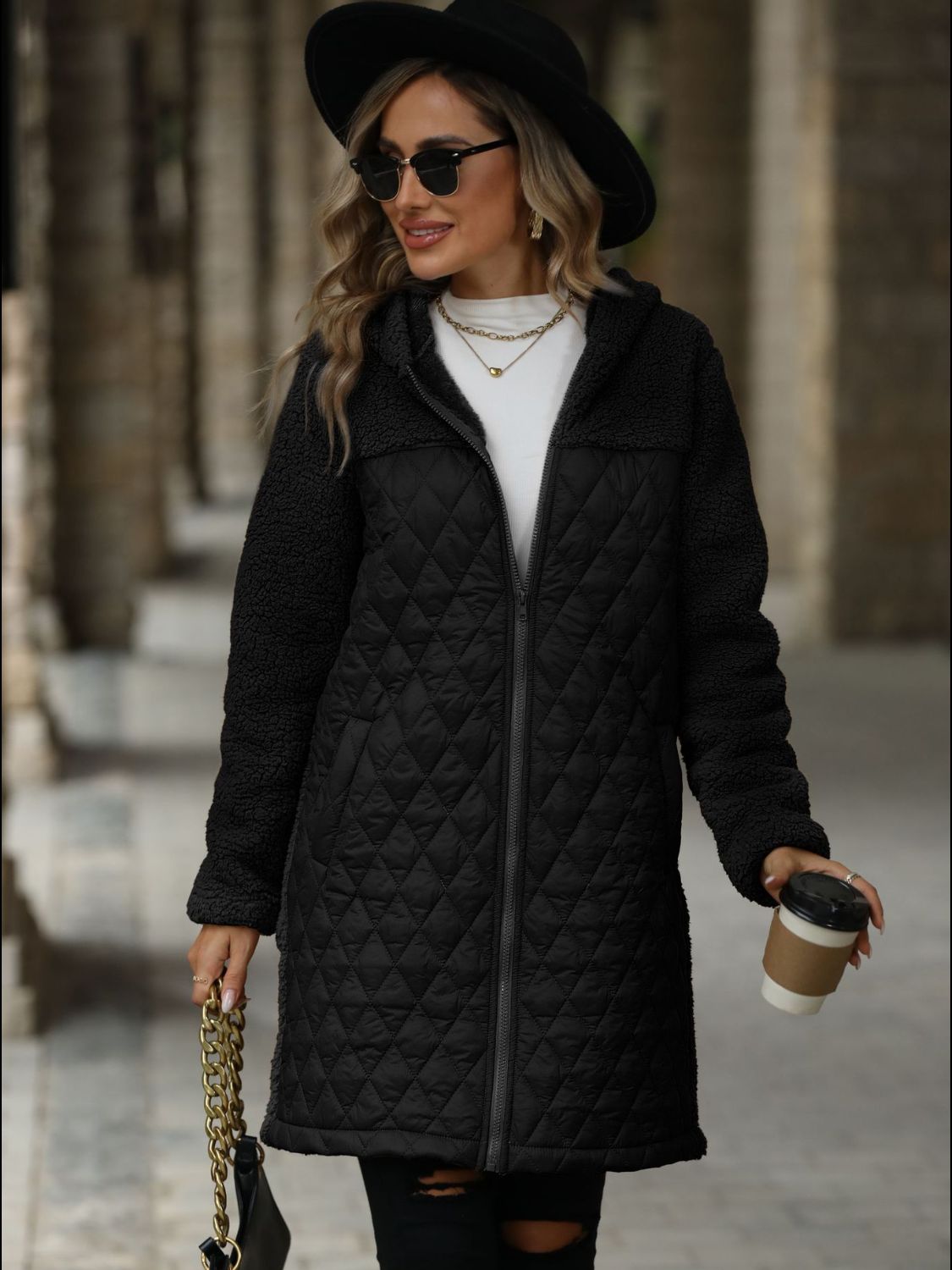 | Structured long-sleeved zip-up hooded coat