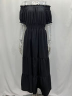 Off Shoulder Smocked Maxi Dress For Women - Boho Tiered A-Line Beach Gown with Puffy Sleeves - Summer Vacation 2026