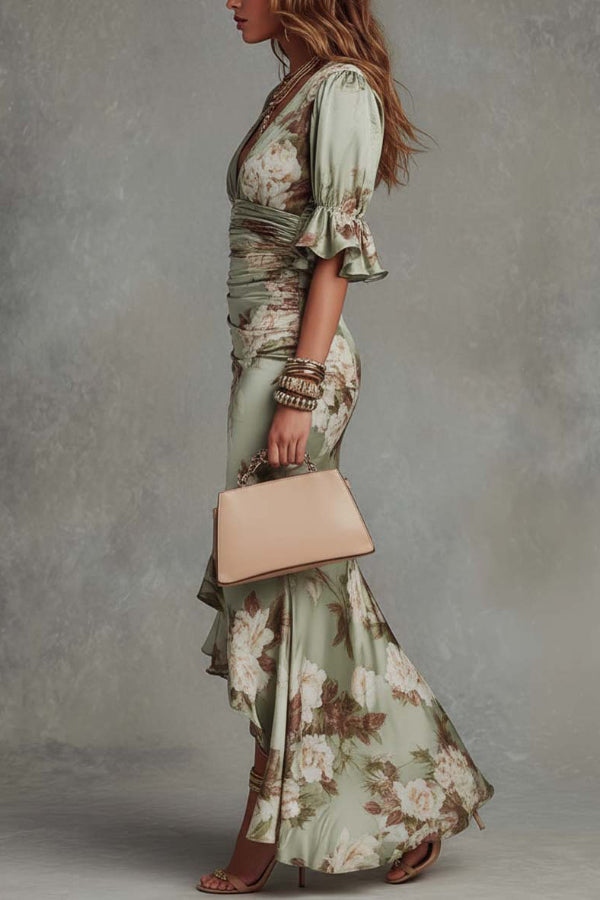 Floral Print V-neck Ruffled Short-sleeved Fitted Waist Pleated Maxi Dress