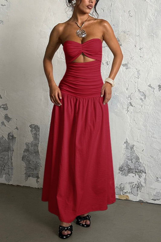 Strapless Sweetheart Neck Twist Cutout Ruched Drop Waist Maxi Dress